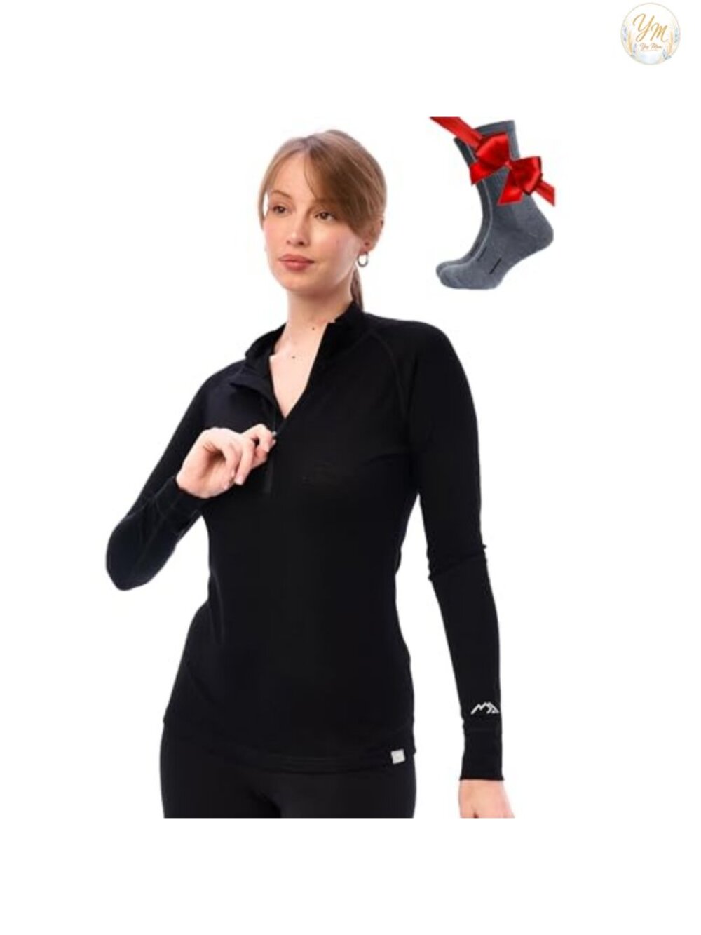 100% Merino Wool Quarter Zip Sweater Women Thermal Base Layer with Socks